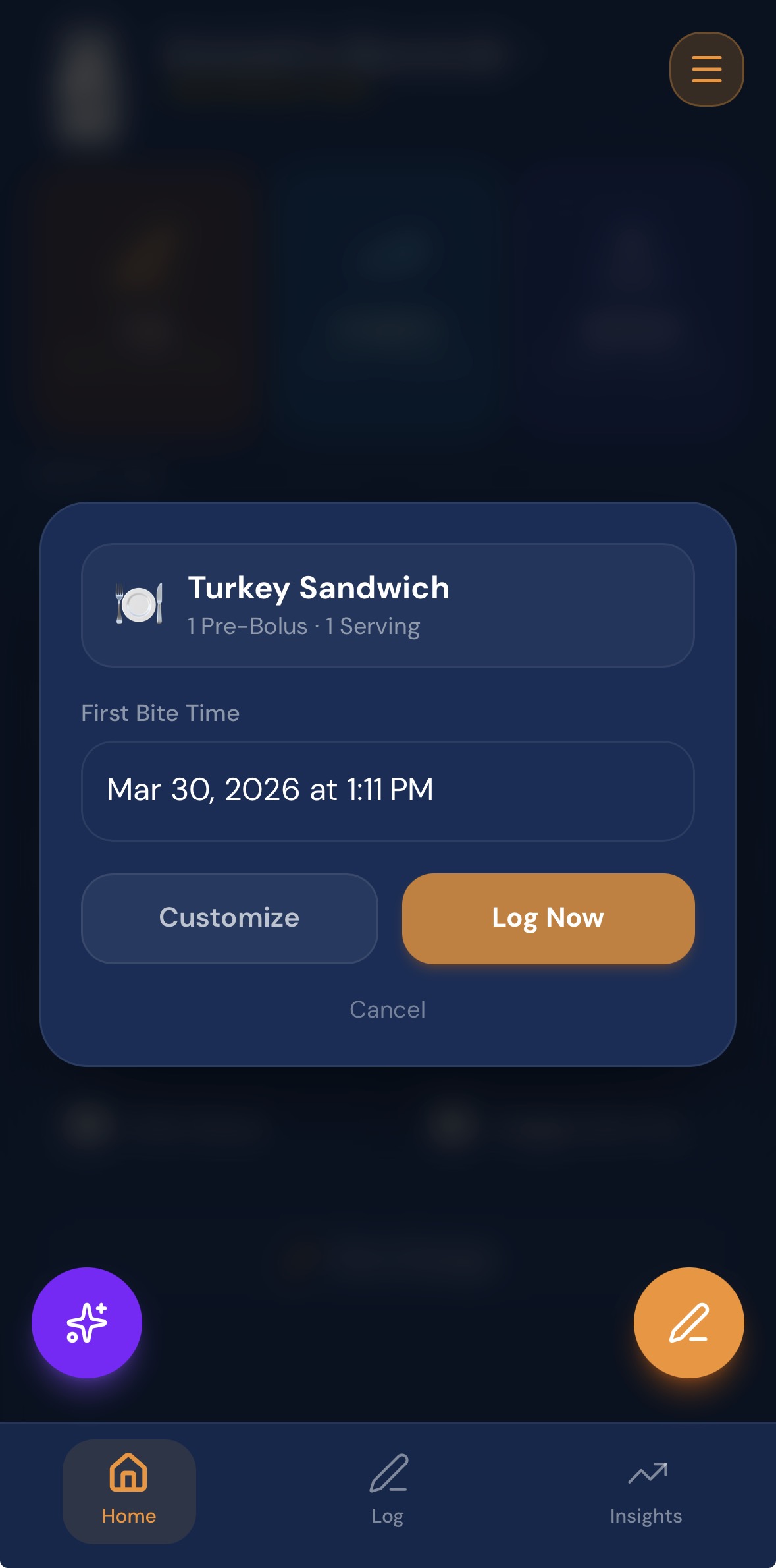 Quick log a meal in GlucoLab